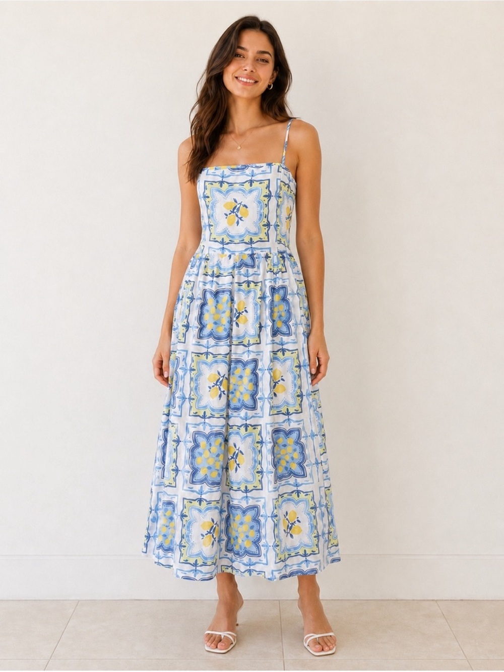 LOFT Blue and Yellow Floral Tile Print Maxi Dress